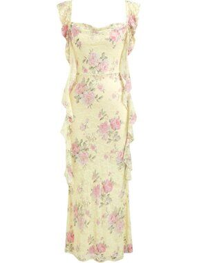 Elegant Sleeveless Maxi Dress for Wedding Guests | Mesh Ruffle Formal Gown